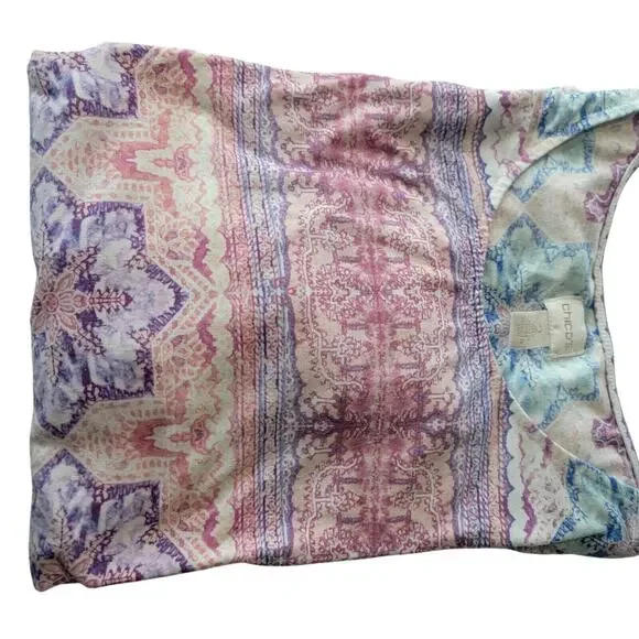 Chicos Womens Top Blouse Medallion Large Blue White Pink Pastel Artsy Art Spring - Picture 11 of 11